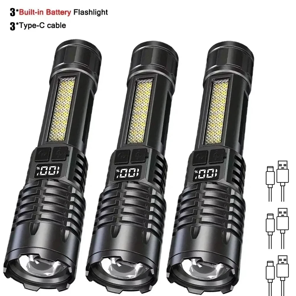 High Power COB LED Flashlight – 30W, Type-C Rechargeable with Side Light & 5 Modes