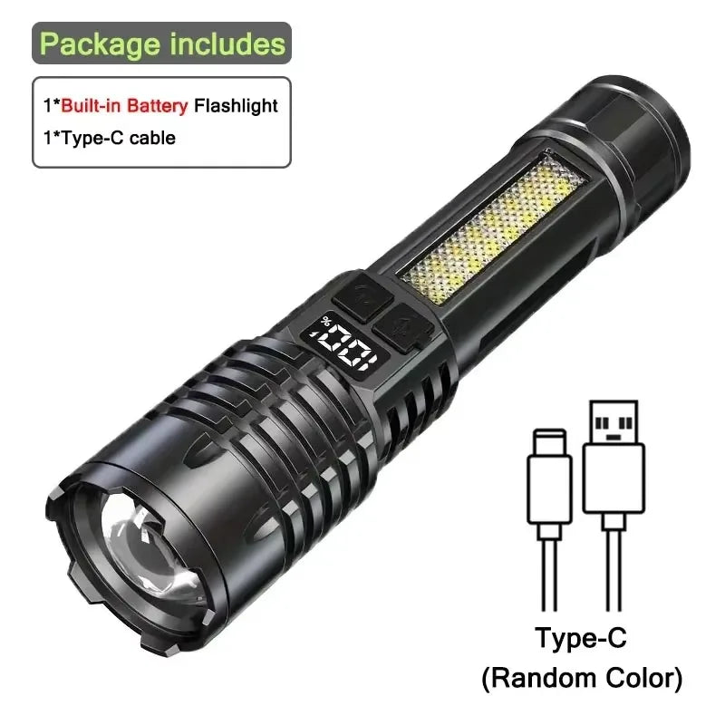 High Power COB LED Flashlight – 30W, Type-C Rechargeable with Side Light & 5 Modes