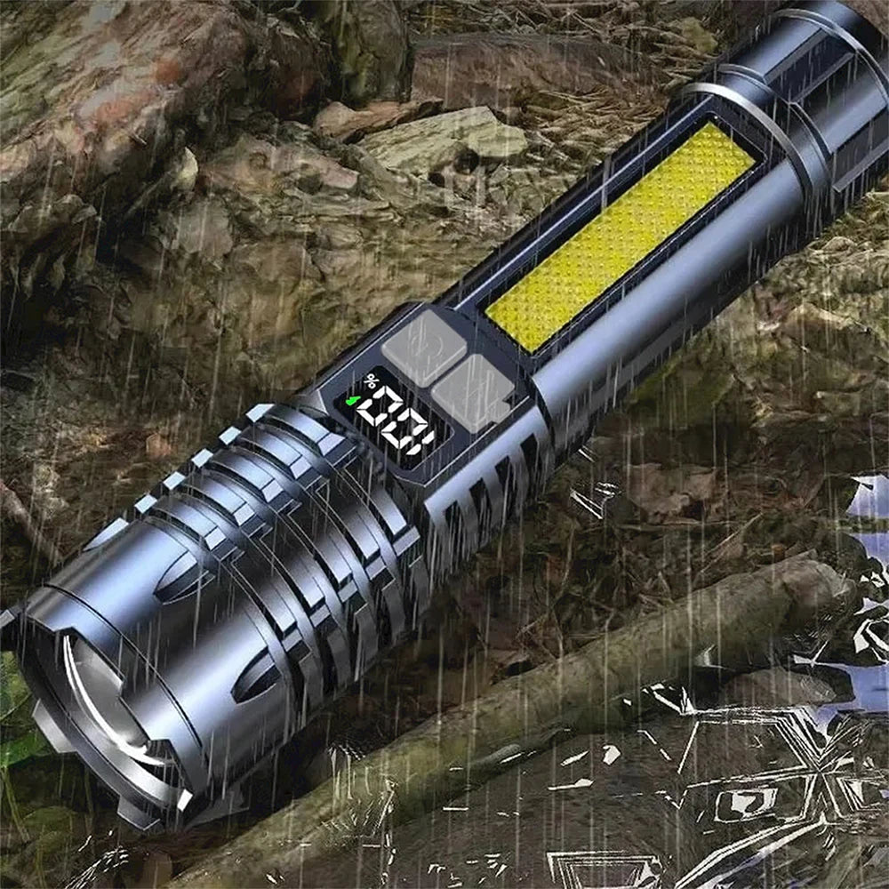 High Power COB LED Flashlight – 30W, Type-C Rechargeable with Side Light & 5 Modes