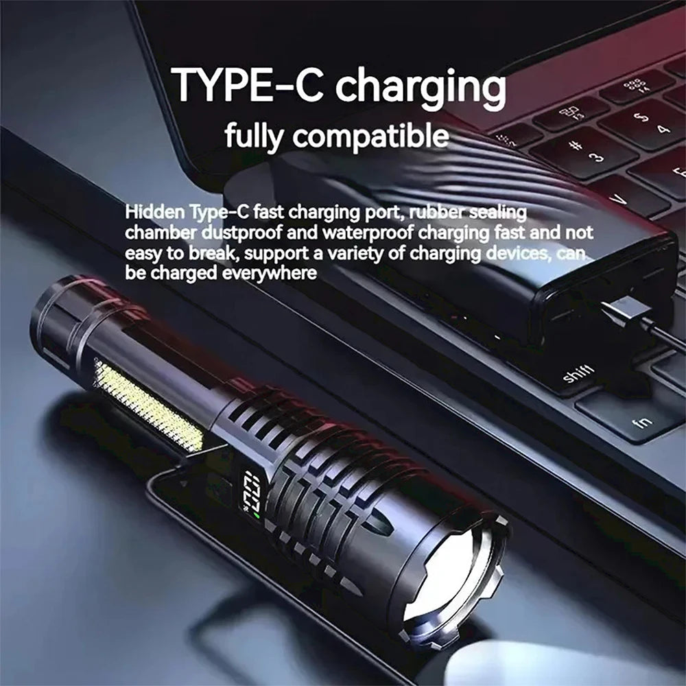 High Power COB LED Flashlight – 30W, Type-C Rechargeable with Side Light & 5 Modes