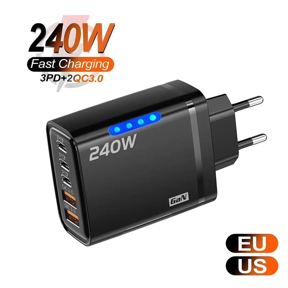 240W GaN USB-C Charger 5-in-1 – Fast Charging for iPhone, Samsung & More