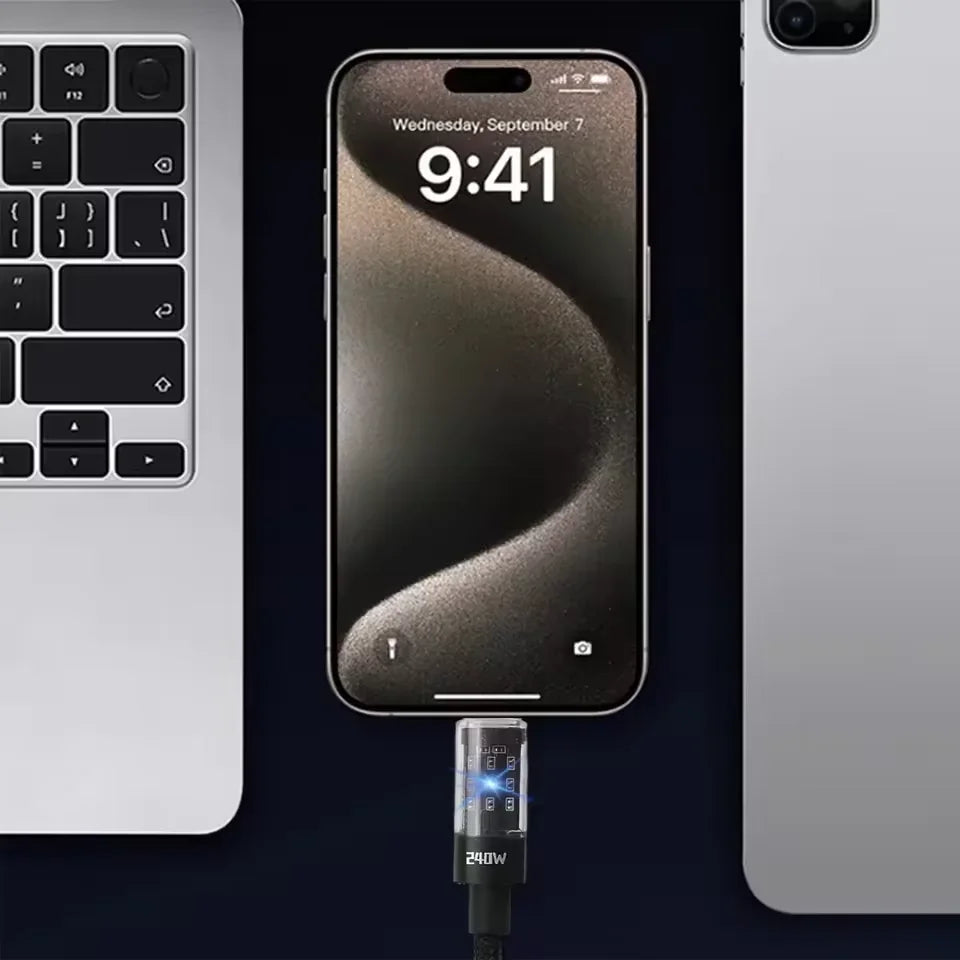240W USB-C Fast Charging Cable with LED Display – Nylon Braided