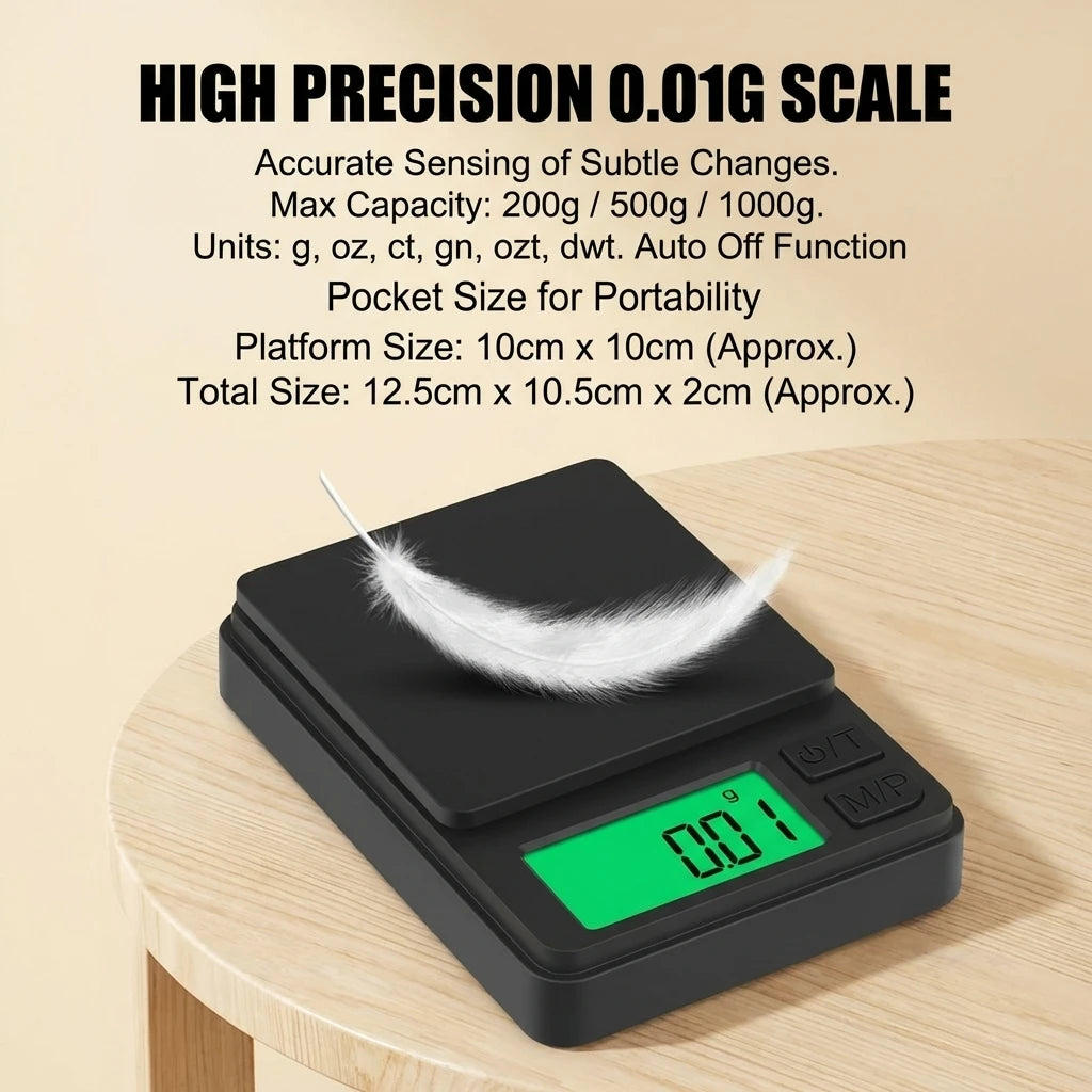 Digital Precision Pocket Scale – 0.01g Accuracy, Backlit LCD, 500g/1000g