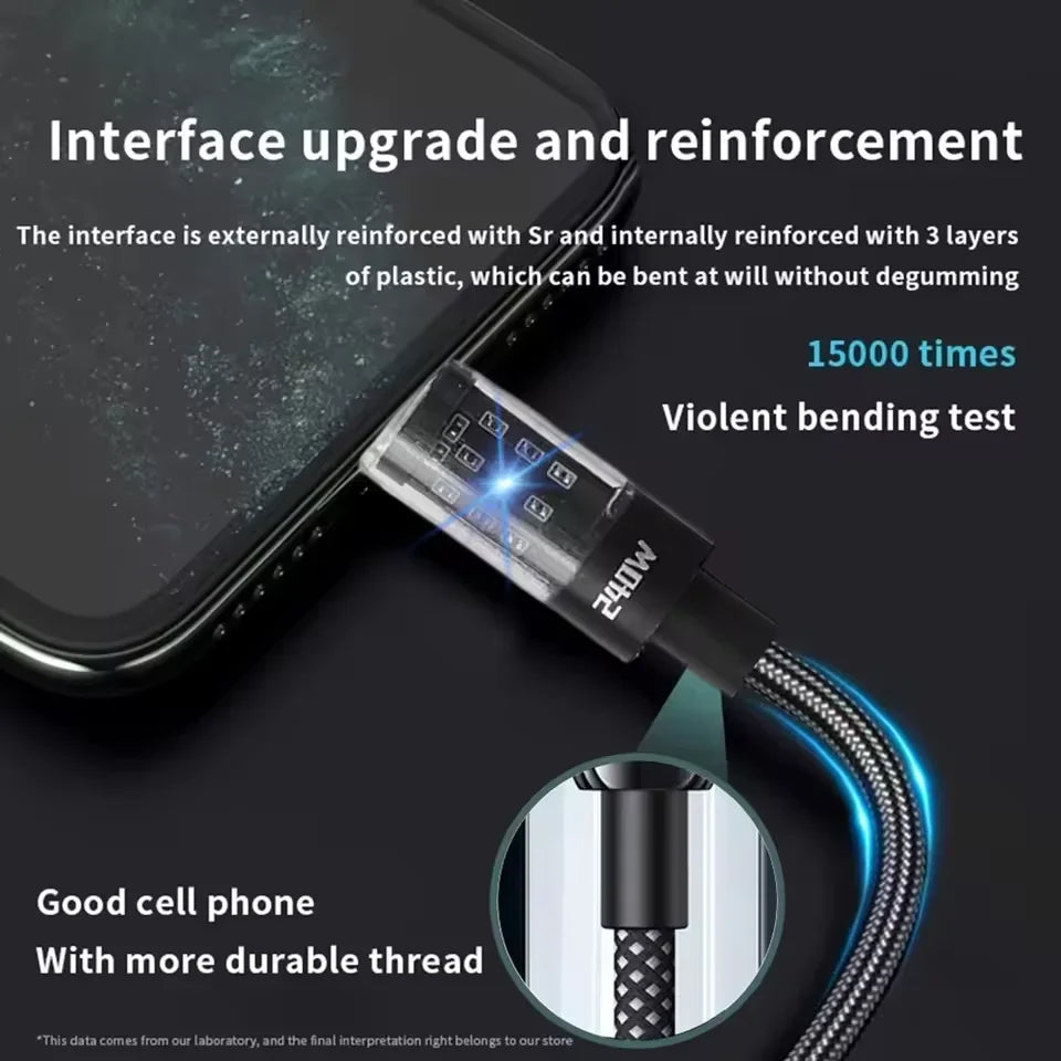 240W USB-C Fast Charging Cable with LED Display – Nylon Braided