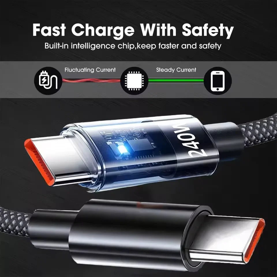 240W USB-C Fast Charging Cable with LED Display – Nylon Braided