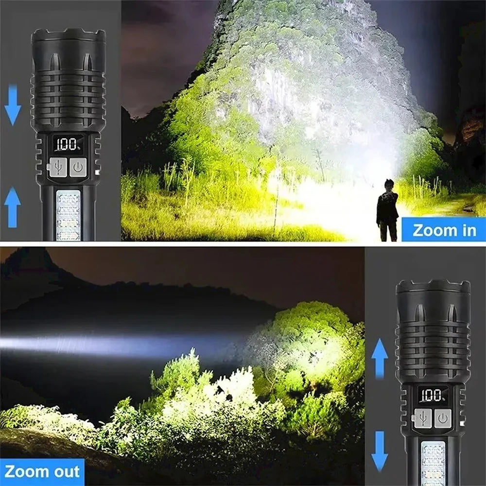 High Power COB LED Flashlight – 30W, Type-C Rechargeable with Side Light & 5 Modes