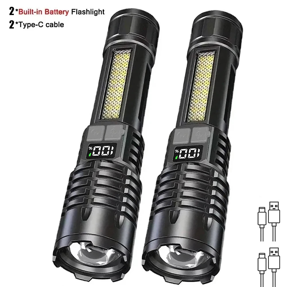 High Power COB LED Flashlight – 30W, Type-C Rechargeable with Side Light & 5 Modes