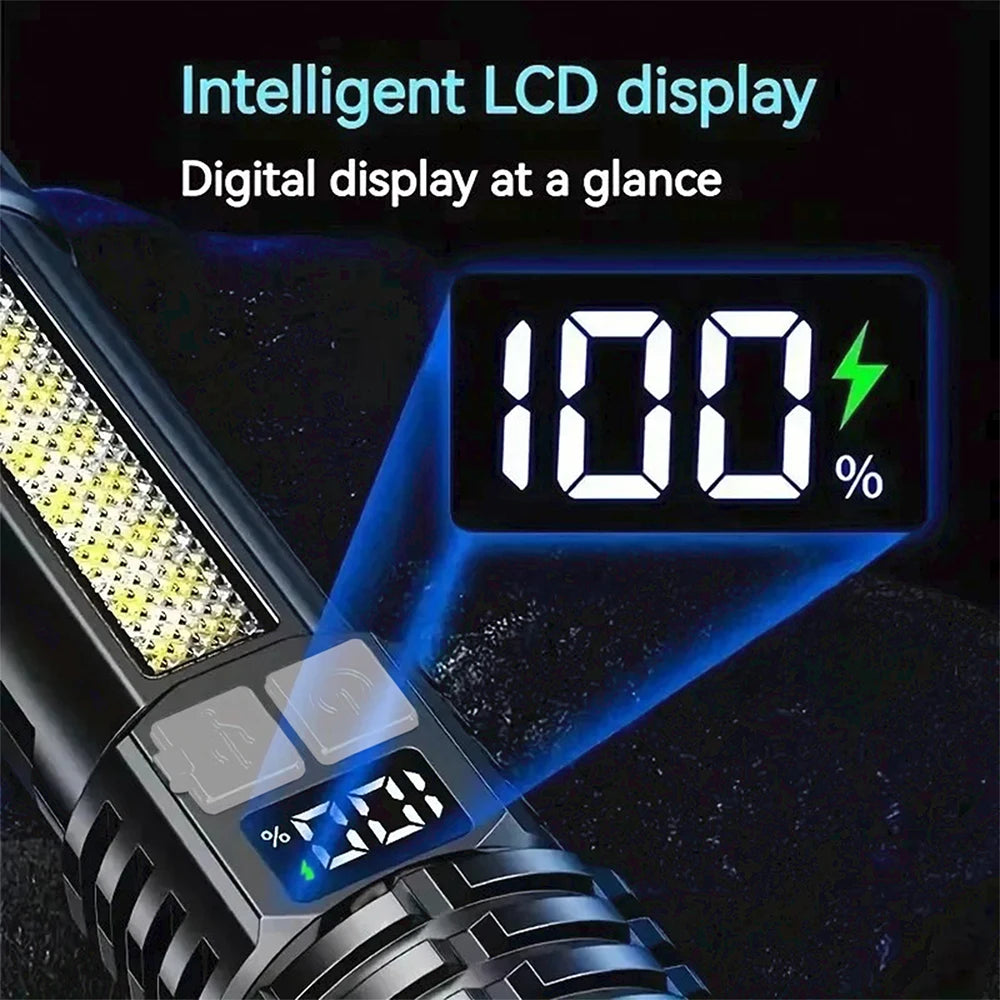 High Power COB LED Flashlight – 30W, Type-C Rechargeable with Side Light & 5 Modes