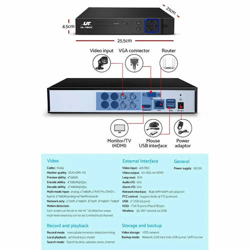 UL-Tech 4-Channel 1080P CCTV Security System – 4CH DVR, 4 Cameras & 1TB HDD