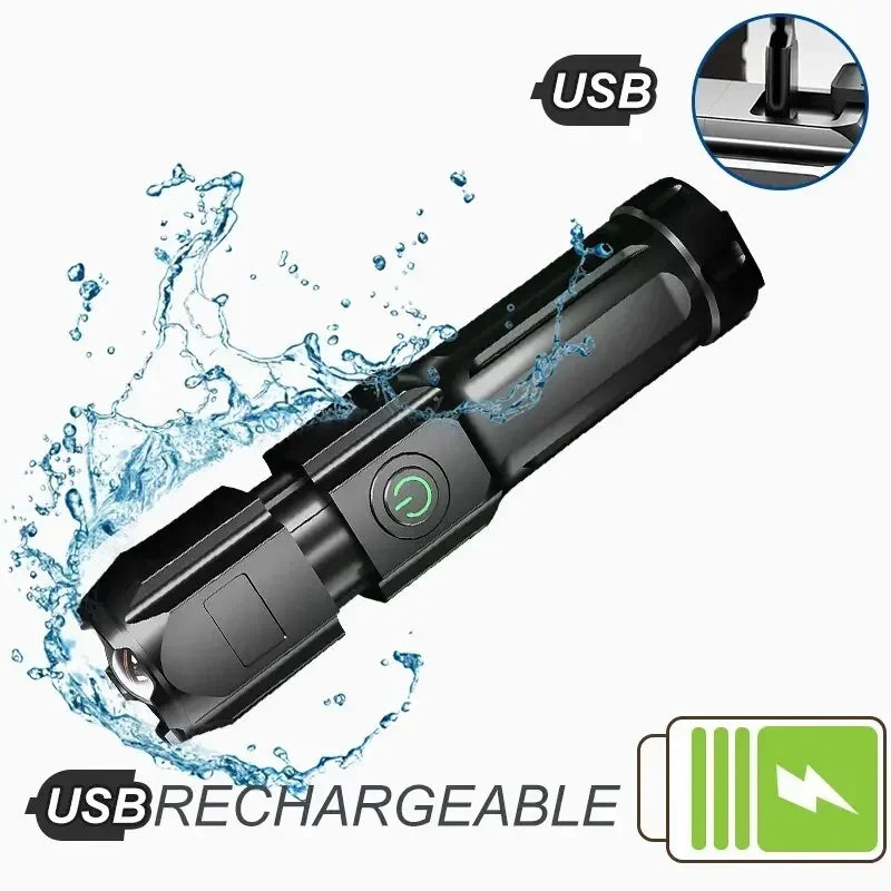 Powerful LED Tactical Flashlight – USB Rechargeable, Waterproof, Zoomable