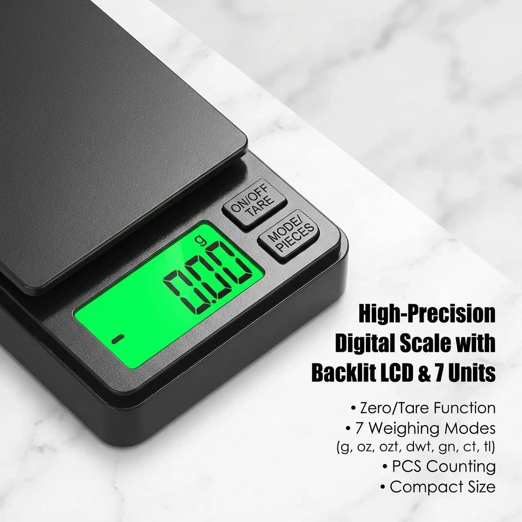 Digital Precision Pocket Scale – 0.01g Accuracy, Backlit LCD, 500g/1000g