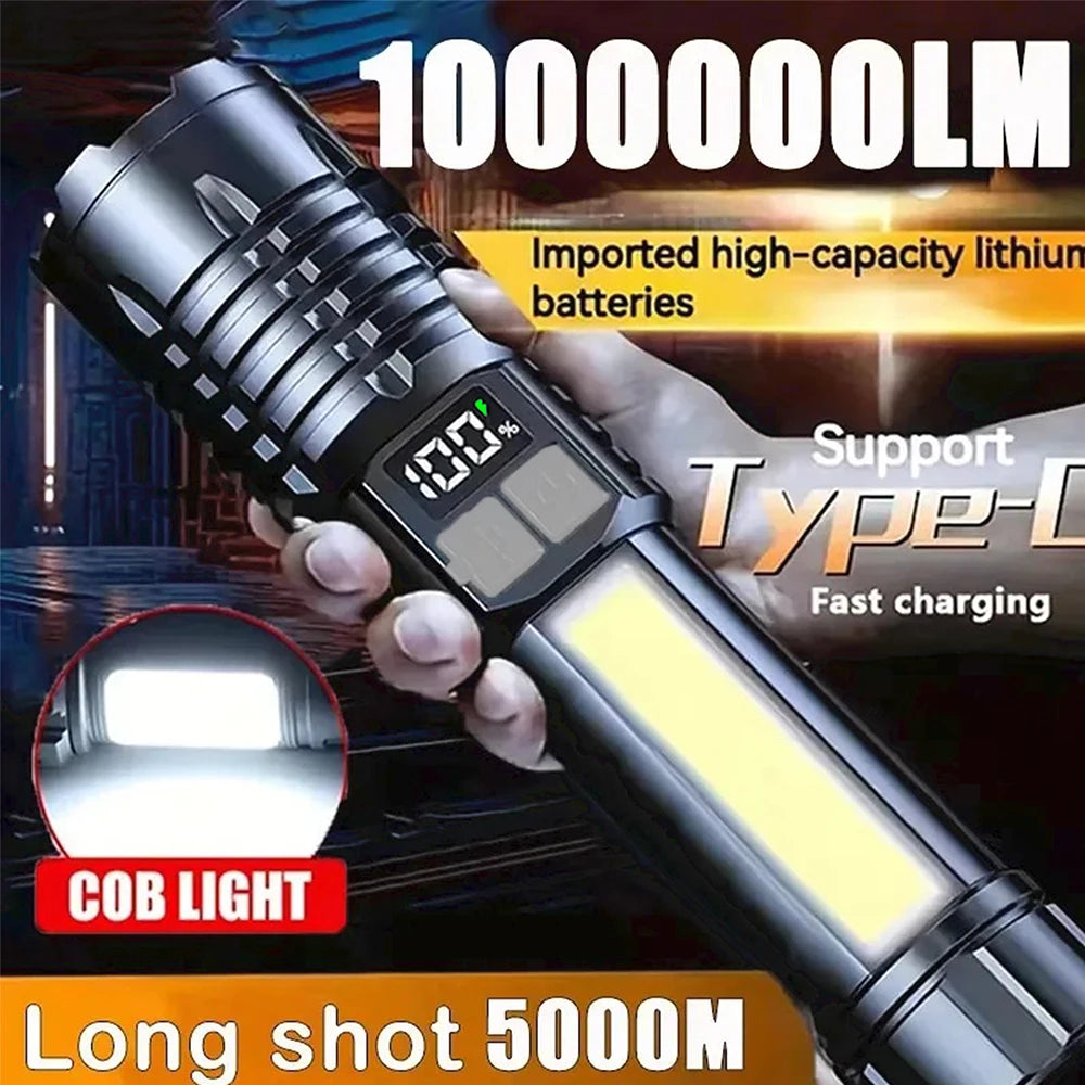 High Power COB LED Flashlight – 30W, Type-C Rechargeable with Side Light & 5 Modes