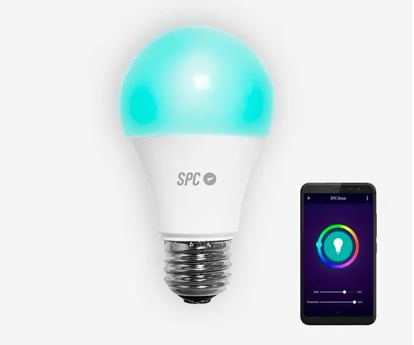 SPC smart LED bulb glowing with app control on phone